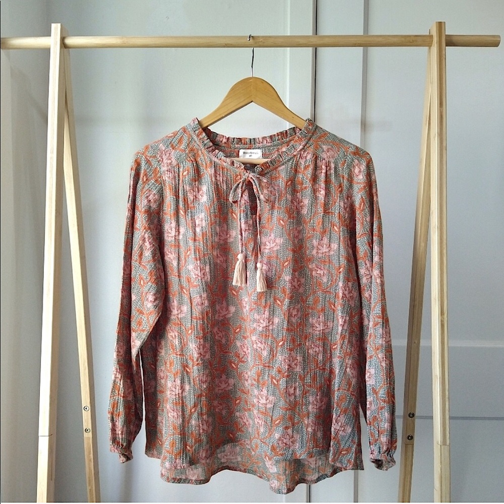 Boho Blouse Tassel Tie Peasant World Market Linen